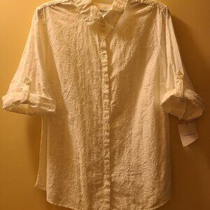 3/4 Sleeve Collared White Eyelet Blouse